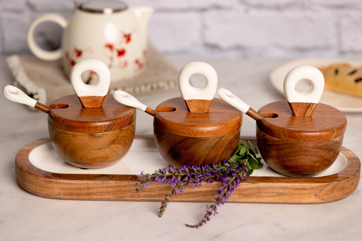 Jeanne Fitz Wood + White Collection Acacia Wood 3 Dipping Bowls with Charcuterie Utensils