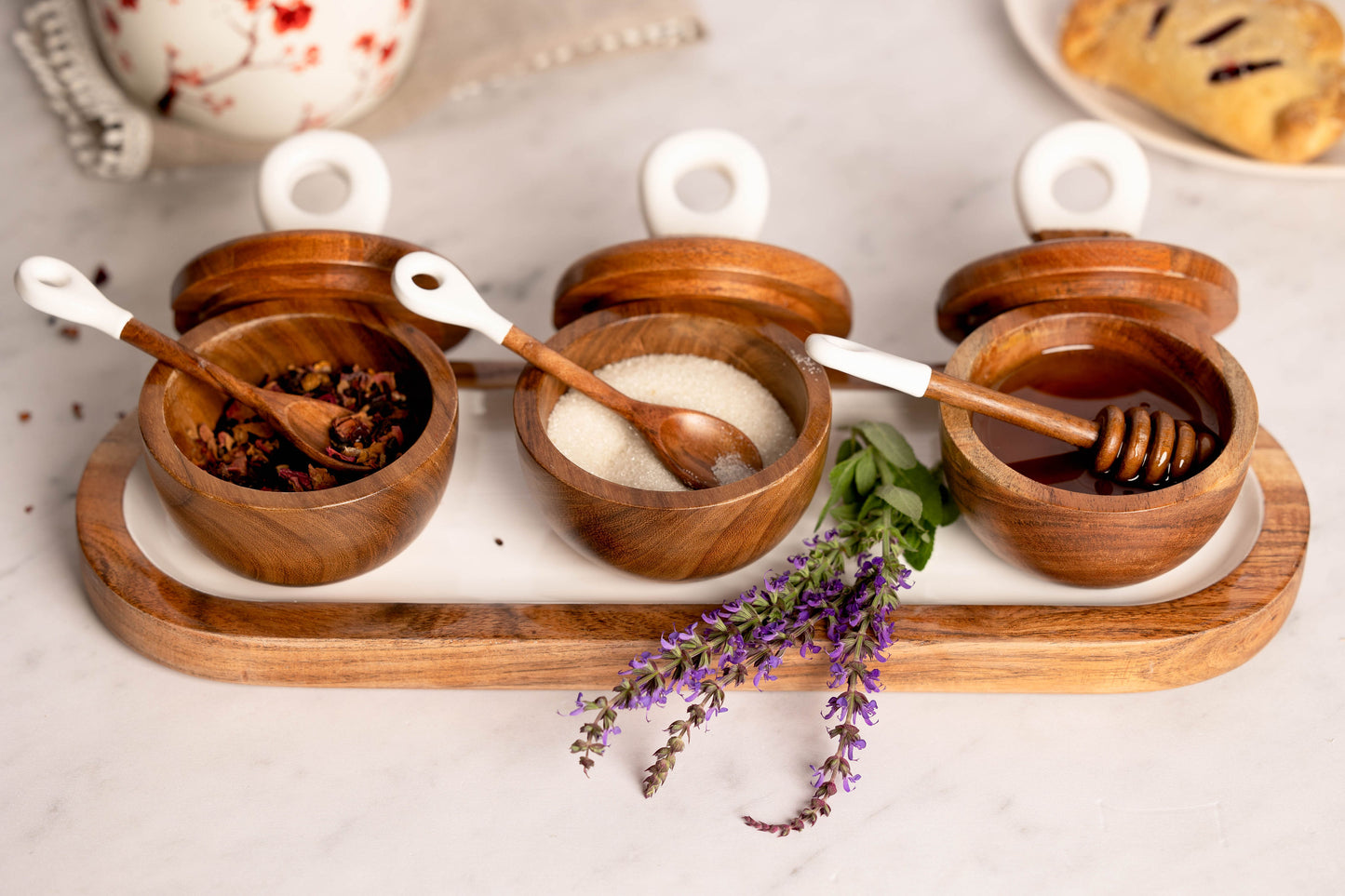 Jeanne Fitz Wood + White Collection Acacia Wood 3 Dipping Bowls with Charcuterie Utensils