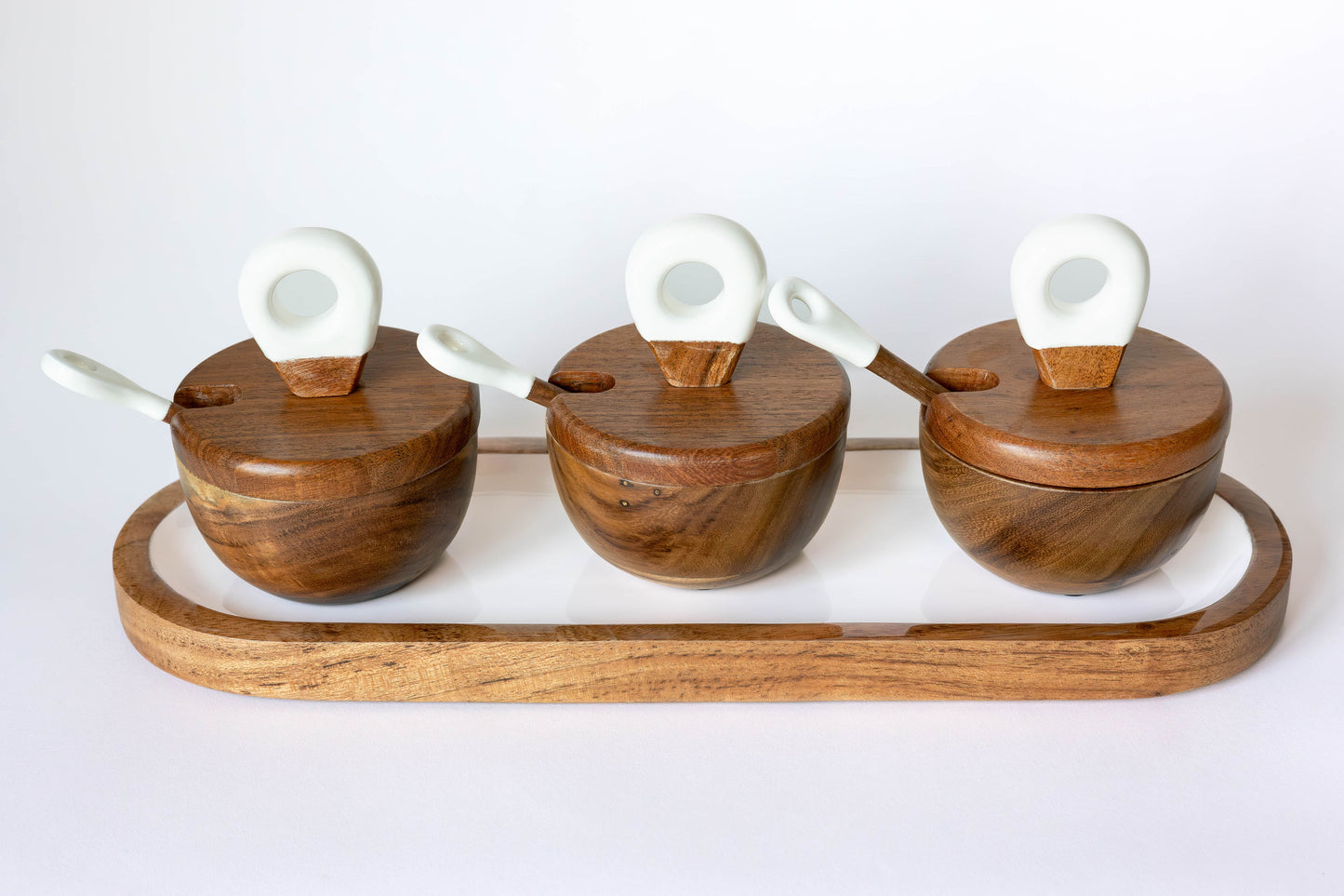 Jeanne Fitz Wood + White Collection Acacia Wood 3 Dipping Bowls with Charcuterie Utensils