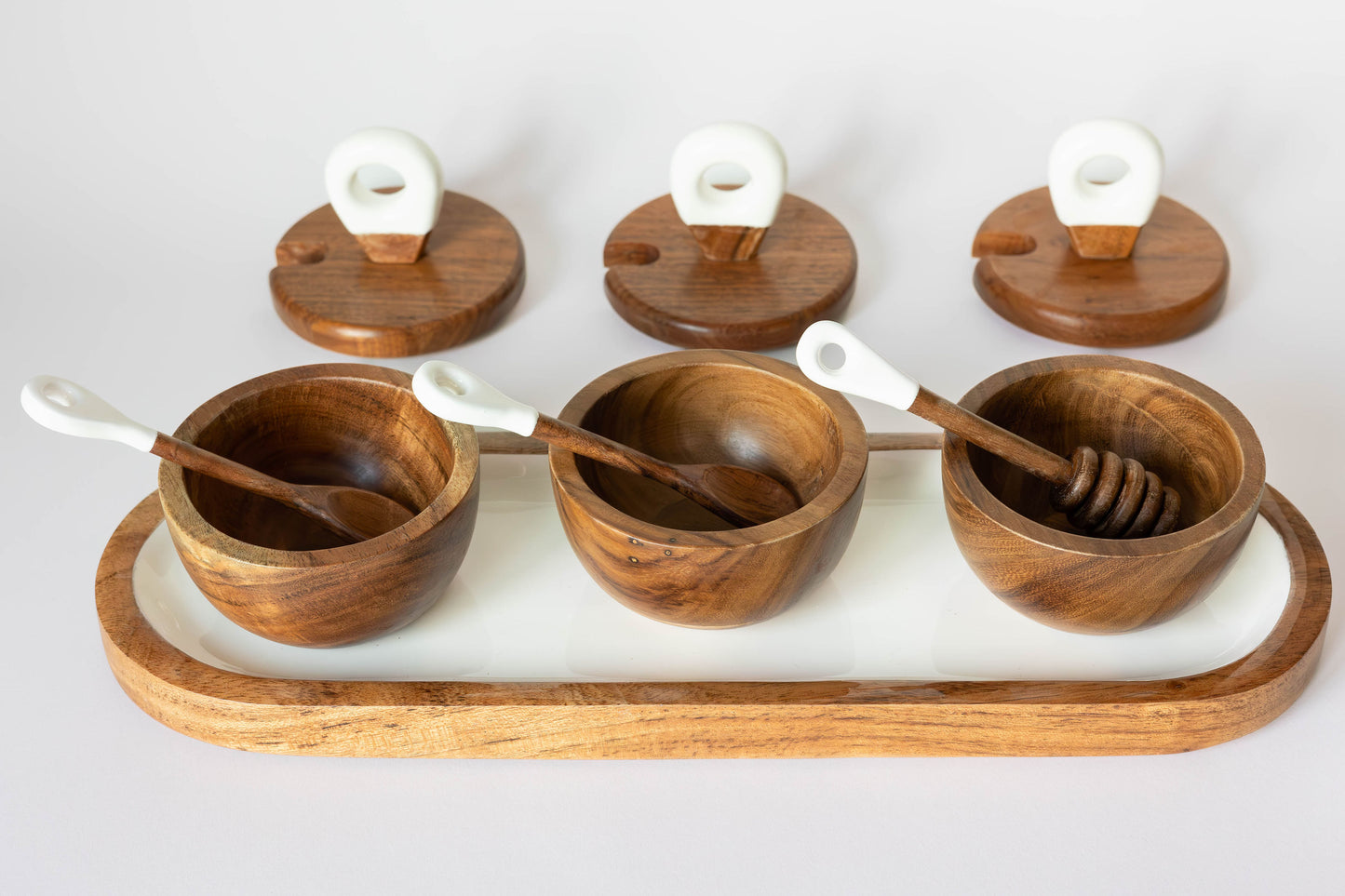 Jeanne Fitz Wood + White Collection Acacia Wood 3 Dipping Bowls with Charcuterie Utensils