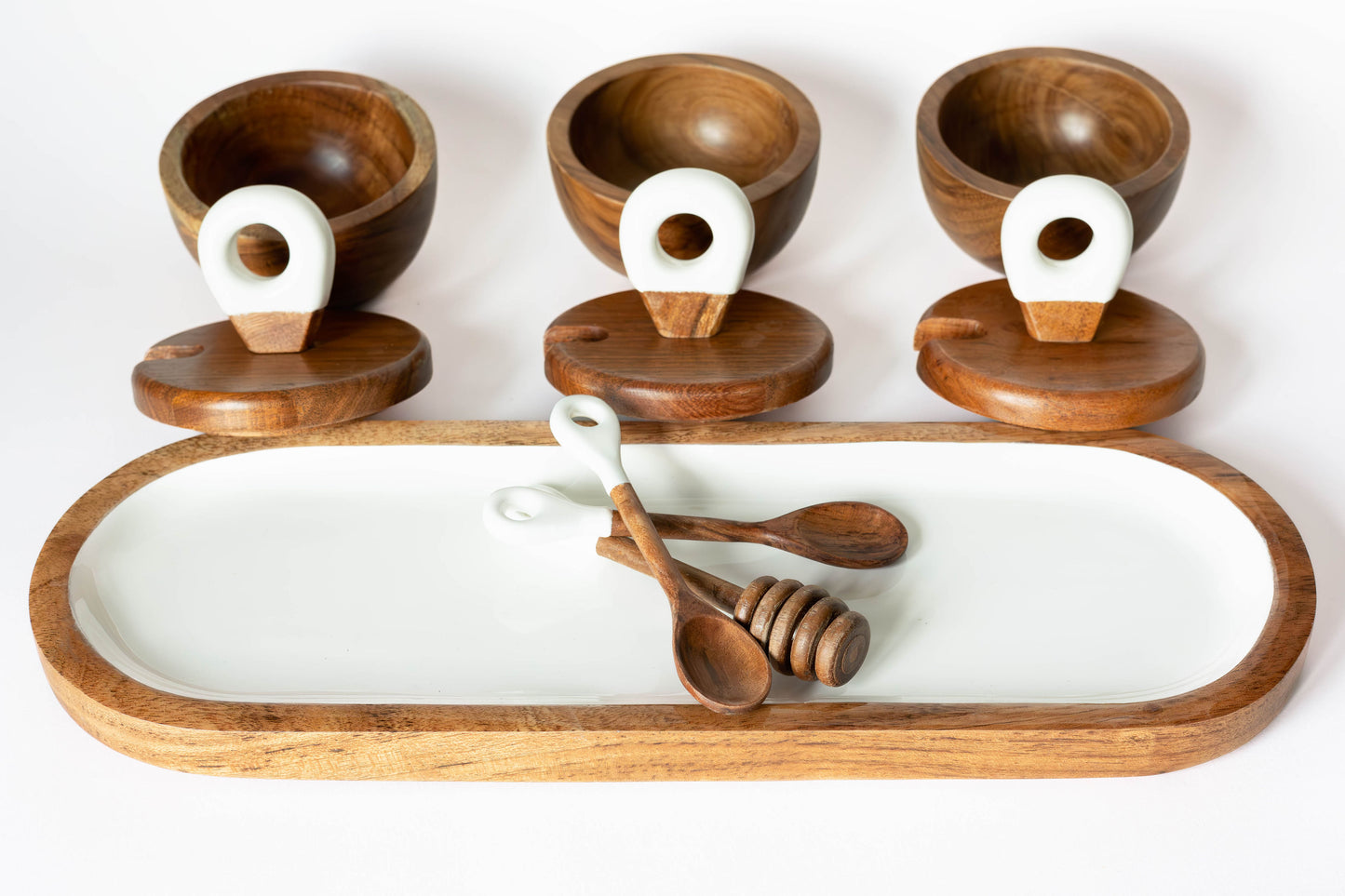 Jeanne Fitz Wood + White Collection Acacia Wood 3 Dipping Bowls with Charcuterie Utensils