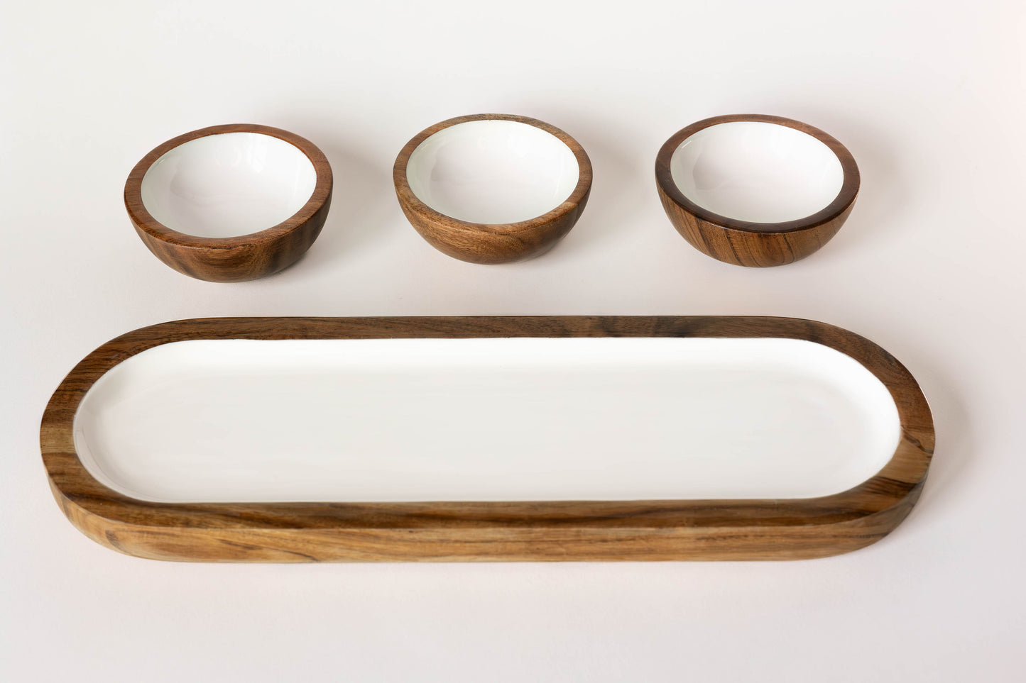 Jeanne Fitz Wood + White Collection Acacia Wood 3 Dipping Bowls and Tray