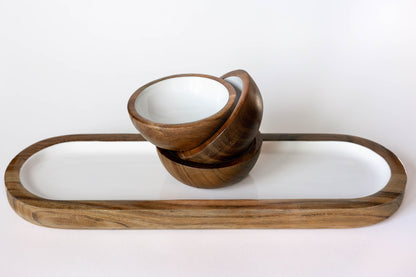 Jeanne Fitz Wood + White Collection Acacia Wood 3 Dipping Bowls and Tray