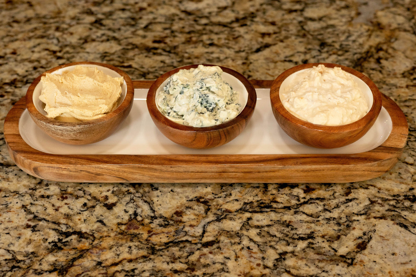 Jeanne Fitz Wood + White Collection Acacia Wood 3 Dipping Bowls and Tray