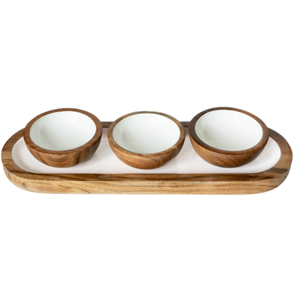 Jeanne Fitz Wood + White Collection Acacia Wood 3 Dipping Bowls and Tray