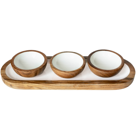 Jeanne Fitz Wood + White Collection Acacia Wood 3 Dipping Bowls and Tray