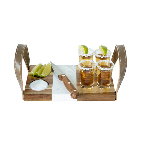 Gezellig Tequila Tasting Set - 6-Piece Wooden Board with Shot Glasses and Knife